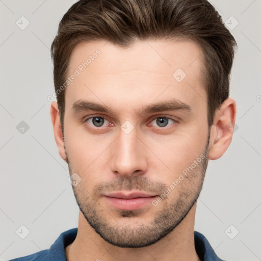 Neutral white young-adult male with short  brown hair and grey eyes