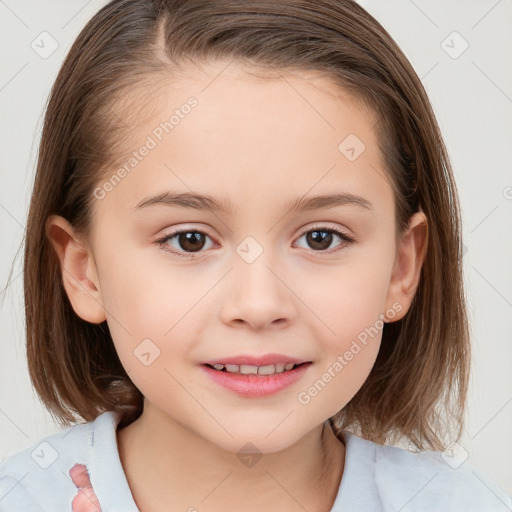 Joyful white child female with medium  brown hair and brown eyes