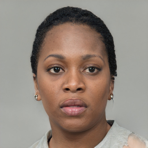 Neutral black young-adult female with short  black hair and brown eyes