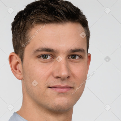 Neutral white young-adult male with short  brown hair and brown eyes