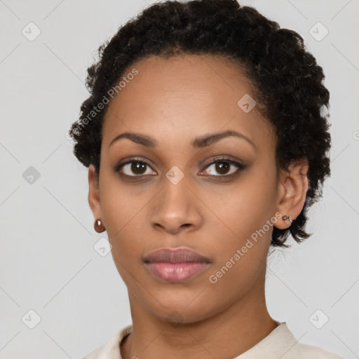 Neutral black young-adult female with short  black hair and brown eyes