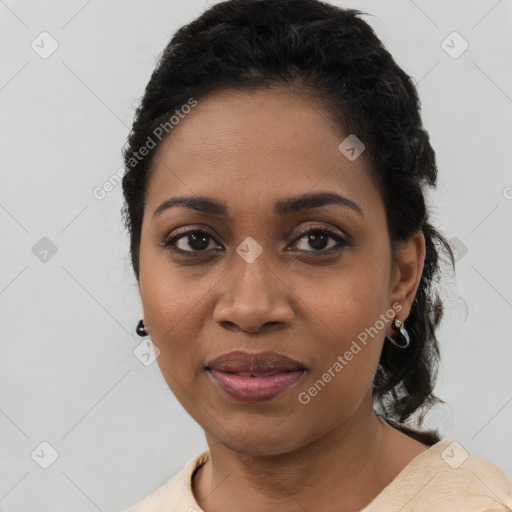 Joyful black young-adult female with medium  black hair and brown eyes