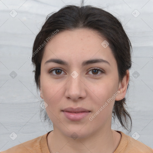 Neutral white young-adult female with medium  brown hair and brown eyes