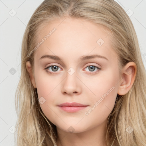 Neutral white young-adult female with long  brown hair and grey eyes