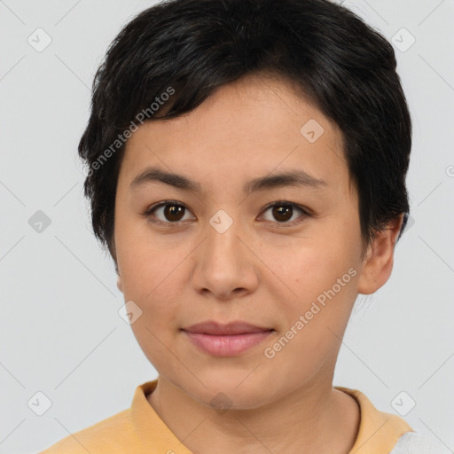 Joyful white young-adult female with short  brown hair and brown eyes