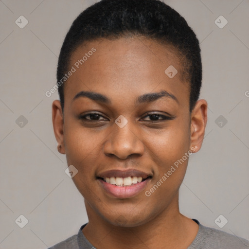 Joyful black young-adult female with short  black hair and brown eyes