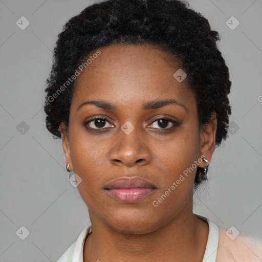 Neutral black young-adult female with short  black hair and brown eyes