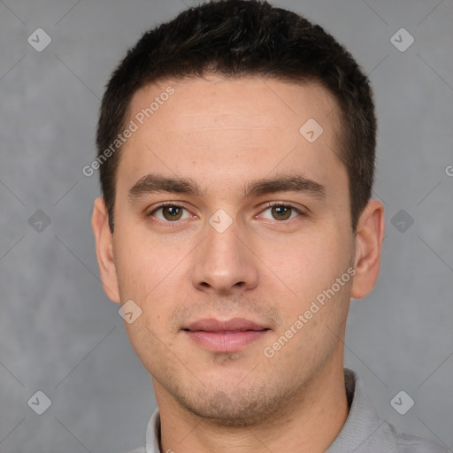 Neutral white young-adult male with short  brown hair and brown eyes