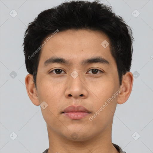 Neutral asian young-adult male with short  black hair and brown eyes