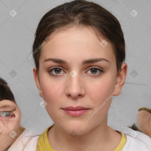 Neutral white young-adult female with medium  brown hair and brown eyes