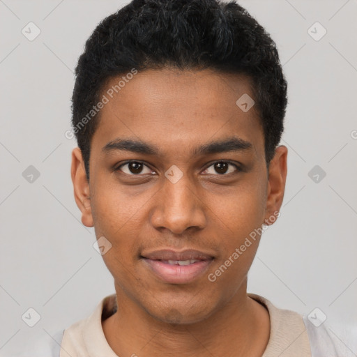Neutral black young-adult male with short  black hair and brown eyes
