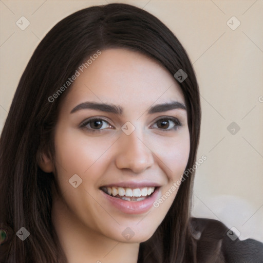 Joyful white young-adult female with long  black hair and brown eyes