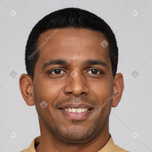 Joyful latino young-adult male with short  brown hair and brown eyes