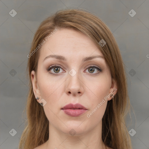 Neutral white young-adult female with long  brown hair and grey eyes