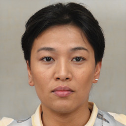 Neutral asian young-adult female with short  brown hair and brown eyes