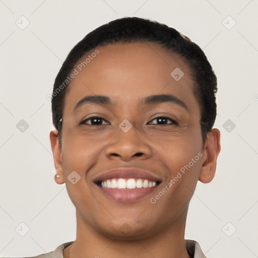 Joyful latino young-adult female with short  black hair and brown eyes