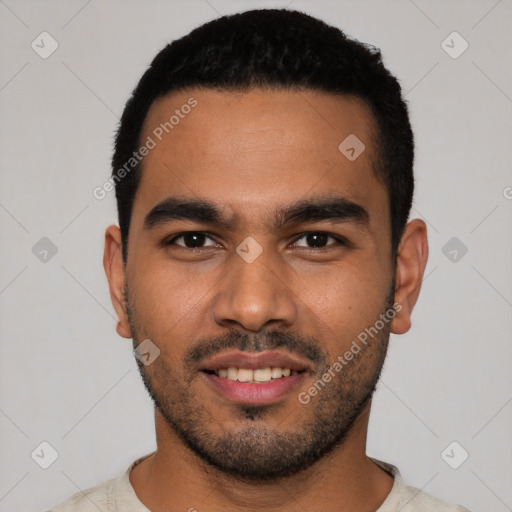 Neutral latino young-adult male with short  black hair and brown eyes