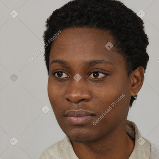 Neutral black young-adult female with short  black hair and brown eyes