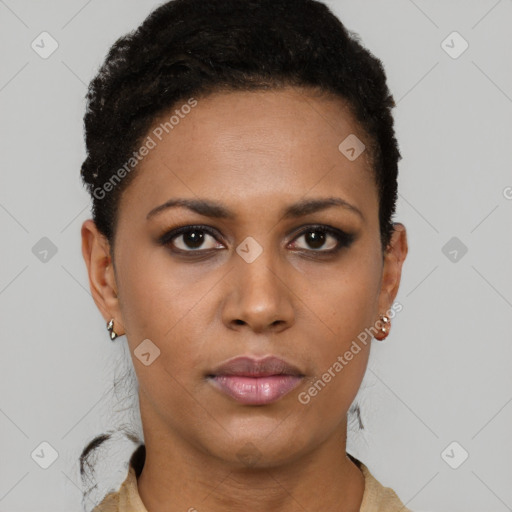 Joyful latino young-adult female with short  brown hair and brown eyes