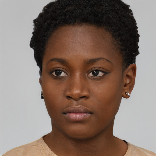 Neutral black young-adult female with short  black hair and brown eyes