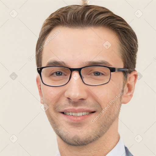 Joyful white adult male with short  brown hair and brown eyes