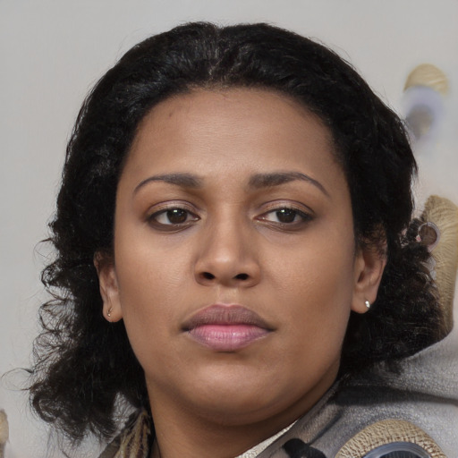 Neutral black young-adult female with medium  black hair and brown eyes