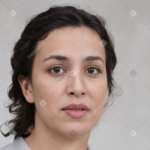 Neutral white young-adult female with medium  brown hair and brown eyes