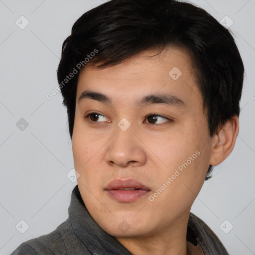 Neutral asian young-adult male with short  black hair and brown eyes