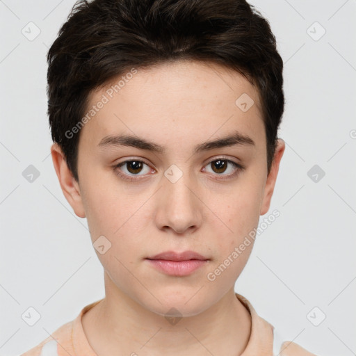 Neutral white young-adult female with short  brown hair and brown eyes