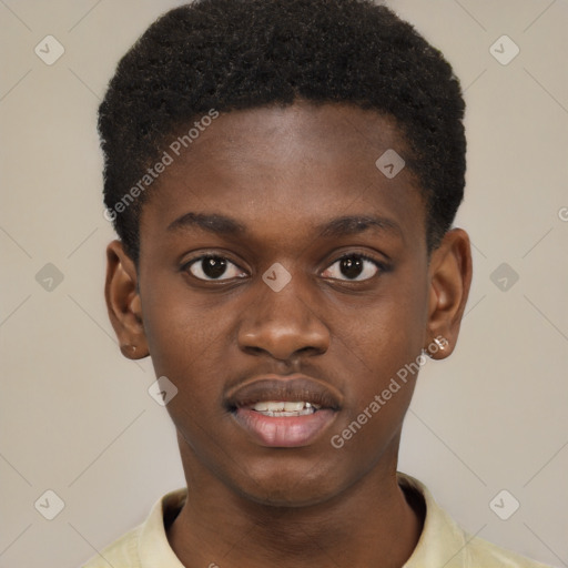 Joyful black young-adult male with short  brown hair and brown eyes