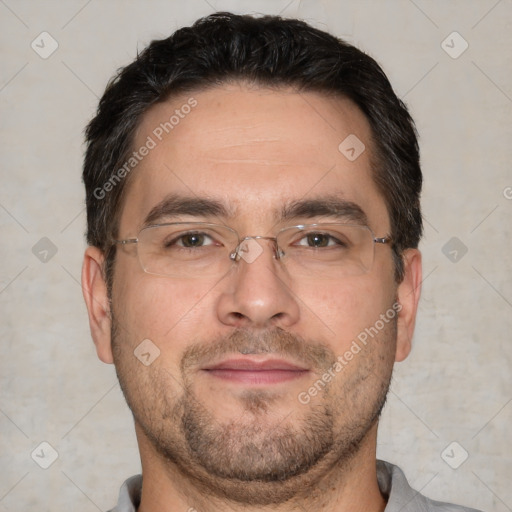 Joyful white adult male with short  brown hair and brown eyes