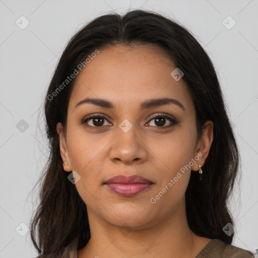 Joyful latino young-adult female with medium  brown hair and brown eyes