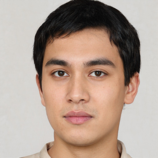 Neutral asian young-adult male with short  black hair and brown eyes