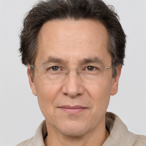 Joyful white middle-aged male with short  brown hair and brown eyes