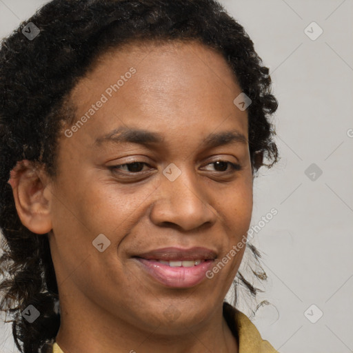 Joyful black young-adult female with medium  brown hair and brown eyes