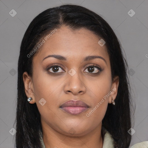Joyful latino young-adult female with long  brown hair and brown eyes