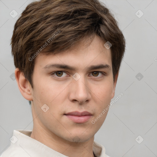 Neutral white young-adult male with short  brown hair and grey eyes