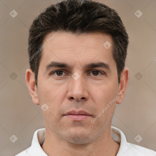 Neutral white adult male with short  brown hair and brown eyes