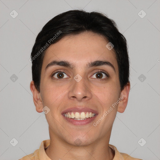 Joyful white young-adult female with short  brown hair and brown eyes