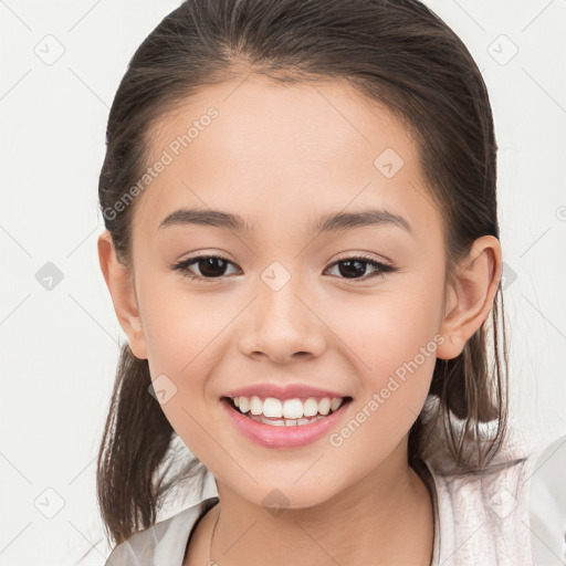 Joyful white child female with medium  brown hair and brown eyes