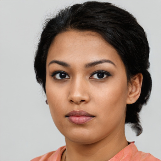 Neutral asian young-adult female with medium  black hair and brown eyes