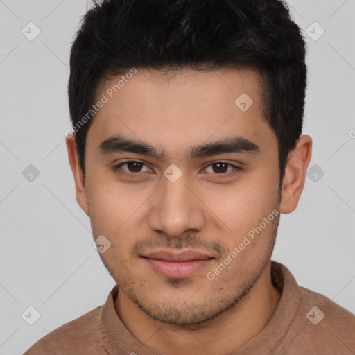 Neutral latino young-adult male with short  black hair and brown eyes