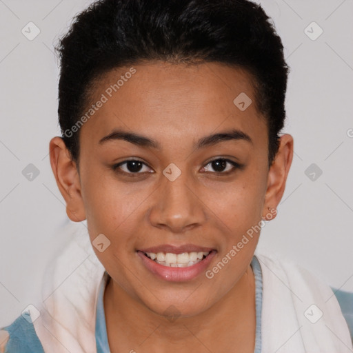 Joyful latino young-adult female with short  brown hair and brown eyes