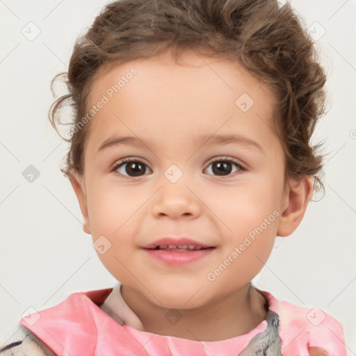 Joyful white child female with short  brown hair and brown eyes