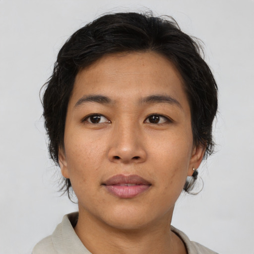 Neutral asian young-adult female with medium  brown hair and brown eyes