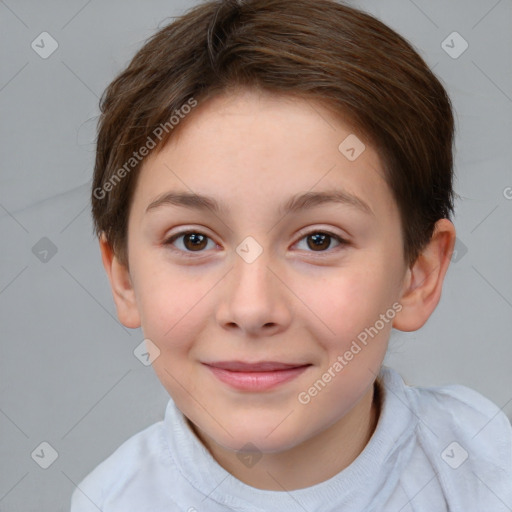 Joyful white child female with short  brown hair and brown eyes