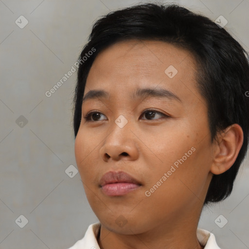 Neutral asian young-adult female with medium  brown hair and brown eyes