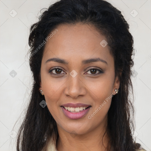 Joyful latino young-adult female with long  brown hair and brown eyes
