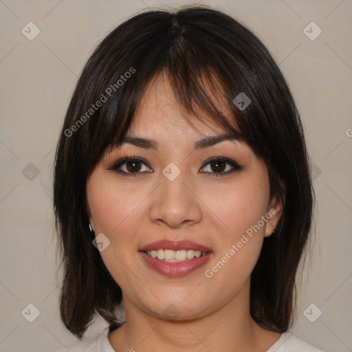 Joyful white young-adult female with medium  brown hair and brown eyes