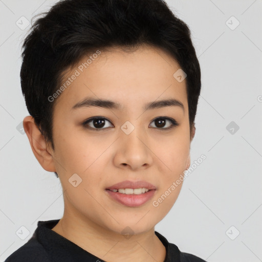 Joyful asian young-adult female with short  black hair and brown eyes